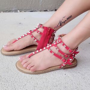 Red Nubuck Studded Strappy Flat Sandals for Women with Side Zipper Closure